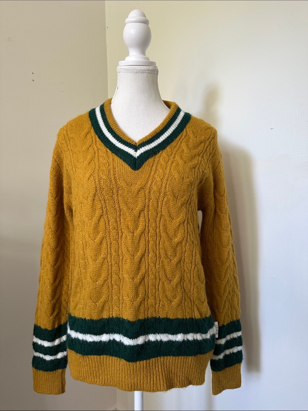 BERNA Wool Blend Mustard Vneck Cable Knit Academia Preppy Striped Sweater